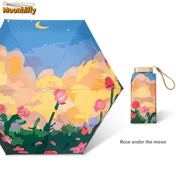 Totál Micro Mini Kézi Kompakt Esernyő Rózsa Olaj Festmény Esernyő Rózsaszín, Színes FlowersTravel Esernyő A Nő