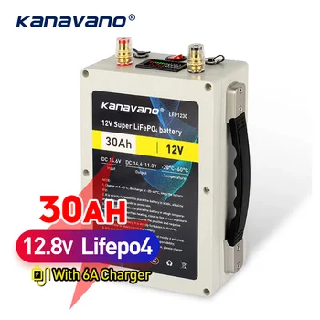 Kanavano 12V Mély Ciklus 12,8 V 30Ah LiFePO4 Akkumulátor, Beépített BMS Védelem 6A EU/US Töltő