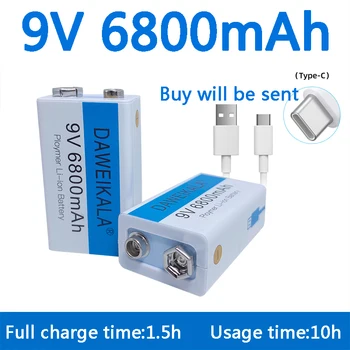 9V elem 9V by egy 6800mah li-ion Újratölthető akkumulátor Típus-C Akkumulátor 9 v-os lítium-a Multiméter Mikrofon Játék +USB töltő kábel